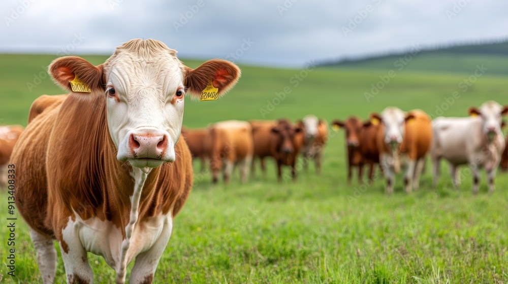 Herd of Cows Grazing in a Green Field Under a Cloudy Sky in a Rural Landscape Herd of Cows Grazing in a Green Field Under a Cloudy Sky in a Rural Landscape