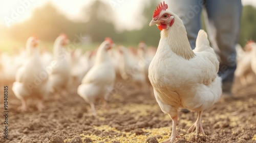 Free-Range Chickens on a Farm at Sunrise with Farmer in Background, Close-Up of White Hen in Foreground, Natural Light, Rural Agriculture Scene, Organic Poultry Farming, Sustainable Livestock