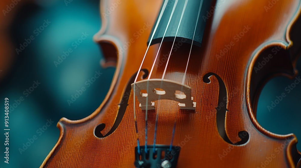 Close-Up of a Beautifully Crafted Violin, Showcasing the Fine Wood Grain and Strings with a Softly Blurred Background Highlighting the Instrument's Elegance Close-Up of a Beautifully Crafted Violin, Showcasing the Fine Wood Grain and Strings with a Softly Blurred Background Highlighting the Instrument's Elegance