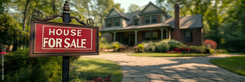 “HOUSE FOR SALE” sign in front of home for sale - blurred background - real estate - closing - home prices