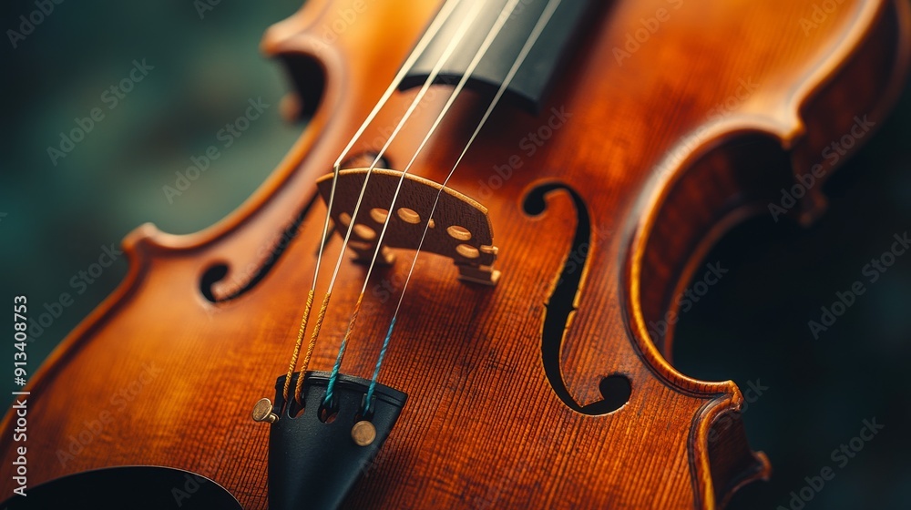 Close-Up of a Beautifully Crafted Violin, Showcasing the Fine Wood Grain and Strings with a Softly Blurred Background Highlighting the Instrument's Elegance Close-Up of a Beautifully Crafted Violin, Showcasing the Fine Wood Grain and Strings with a Softly Blurred Background Highlighting the Instrument's Elegance