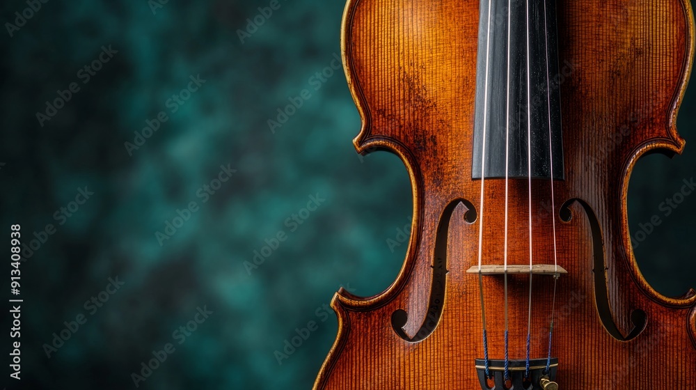 Close-Up of a Beautifully Crafted Violin, Showcasing the Fine Wood Grain and Strings with a Softly Blurred Background Highlighting the Instrument's Elegance Close-Up of a Beautifully Crafted Violin, Showcasing the Fine Wood Grain and Strings with a Softly Blurred Background Highlighting the Instrument's Elegance