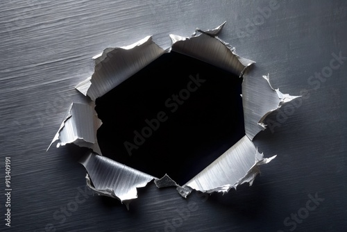 Hole on a silver metal surface.