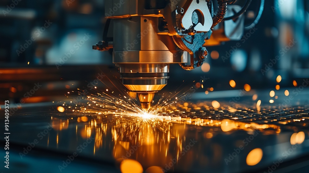 A fiber laser cutting machine cuts metal plates with sparkling light demonstrating a hightechnology sheet metal manufacturing process by laser cutting A fiber laser cutting machine cuts metal plates with sparkling light demonstrating a hightechnology sheet metal manufacturing process by laser cutting
