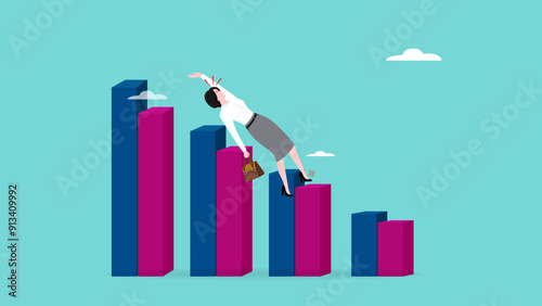business losses or bankruptcy, financial problem in business, businesswoman falls on business decline chart
