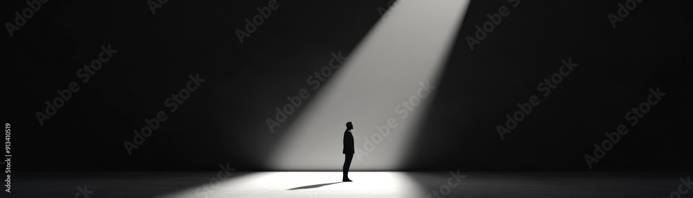 Fototapeta premium Journey to Enlightenment - Conceptual Image of a Figure Falling Towards Bright Light Amidst Darkness