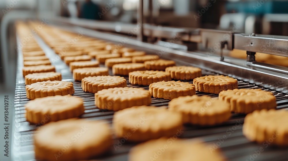 A modern line for bakery cookies operates within the food industry focusing on biscuit production in a factory on a conveyor belt A modern line for bakery cookies operates within the food industry focusing on biscuit production in a factory on a conveyor belt