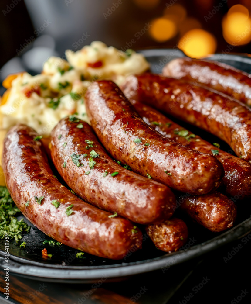 Baked sausage with baked potato. AI generative. Baked sausage with baked potato. AI generative.