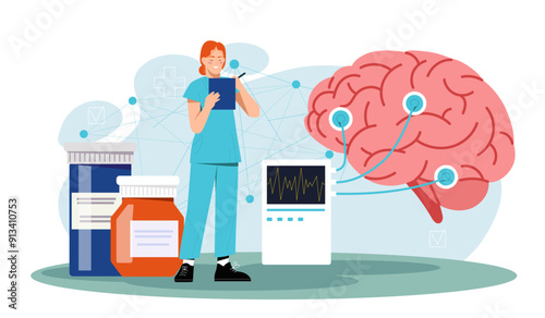 Medical diagnostic concept. Woman in medical uniform near pills and human brain. Diagnosis and treatment, neurobiology and neuroscience. Flat vector illustration isolated on white background