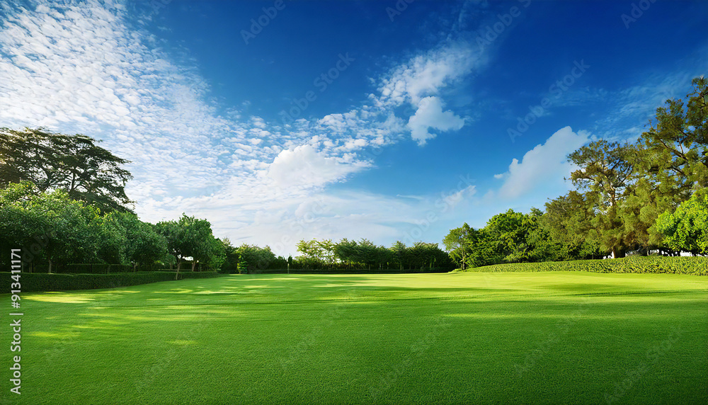 青空の広がる広い芝生のイメージ素材。広い緑地公園。Image material of a wide lawn with a blue sky. A large green park. 青空の広がる広い芝生のイメージ素材。広い緑地公園。Image material of a wide lawn with a blue sky. A large green park.