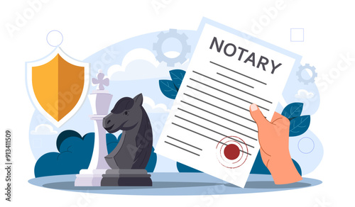 Notary service concept. Legal protection of transactions and organizations. Paperwork for protect intellectual property. Legal support. Flat vector illustration isolated on white background