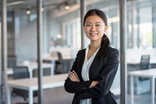 Portrait of an Asian businesswoman standing with her arms crossed and smiling in a meeting room smiling, elegantly dressed in a black suit. Free Download Portrait of an Asian businesswoman standing with her arms crossed and smiling in a meeting room smiling, elegantly dressed in a black suit. - GFXLoad