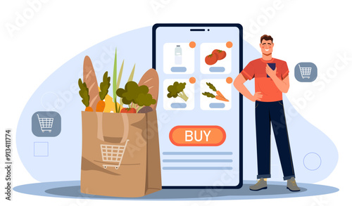 Online groceries shopping. Man near large smartphone orders vegetables and fruits at home. Cashless transfers and transactions. Home delivery and shipping. Flat vector illustration