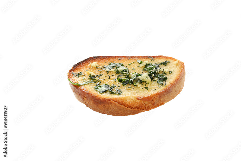 PNG, Piece of bread with oil and garlic, isolated on white background PNG, Piece of bread with oil and garlic, isolated on white background