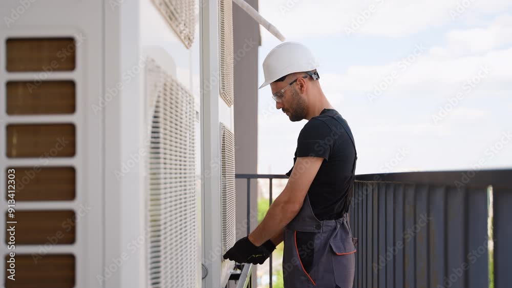 Technician installing outdoor unit of air conditioner. Air conditioner maintenance Technician installing outdoor unit of air conditioner. Air conditioner maintenance