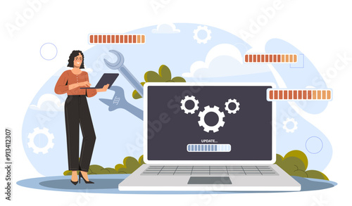 Operating system upgrade. Young girl updates programs on laptop. Upload and download software at computer. Installation of application. Flat vector illustration isolated on white background