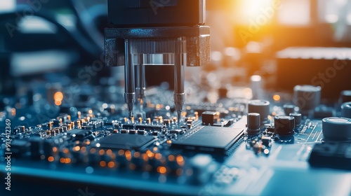 An automatic pick and place machine rapidly installs components on a generic circuit board highlighting the electronics and circuit board manufacturing process in a bright environment
