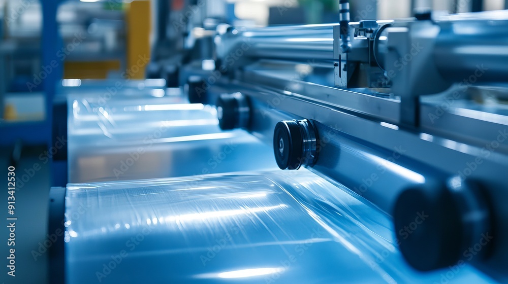 An automatic polyethylene plastic bag production machine operates with a lighting effect showcasing a closeup of the roller in a light blue scene for product packaging An automatic polyethylene plastic bag production machine operates with a lighting effect showcasing a closeup of the roller in a light blue scene for product packaging