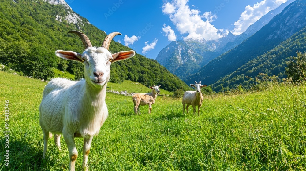 Fototapeta premium A goat is standing in a field of grass with other goats in the background. The goat is looking at the camera and he is happy