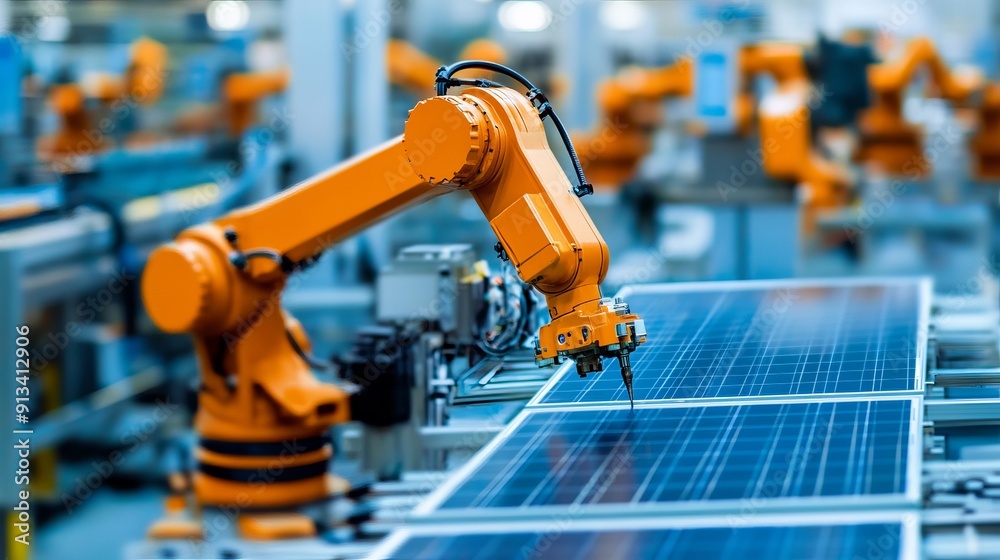 An orange industrial robot arm is featured at the production line in a modern bright factory where solar panels are assembled on a conveyor in an automated manufacturing facility An orange industrial robot arm is featured at the production line in a modern bright factory where solar panels are assembled on a conveyor in an automated manufacturing facility