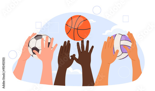 Players with balls. Hands with football, basketball and volleyball. Active lifestyle and team sports. Various hobbies and leisure. Competition and tournament. Flat vector illustration