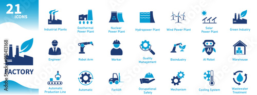 Factory icons. Set of icons for industry, manufacturing, machinery, warehouse, robot arm, power plant, green industry. Solid vector icons collection