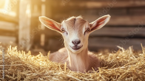 A goat is laying in a hay bed with its head up. The goat is smiling and looking at the camera