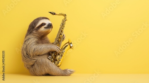 Melodious Sloth: Adorable Animal Playing Saxophone with Playful Charm on Light Yellow Background, Generative Ai
