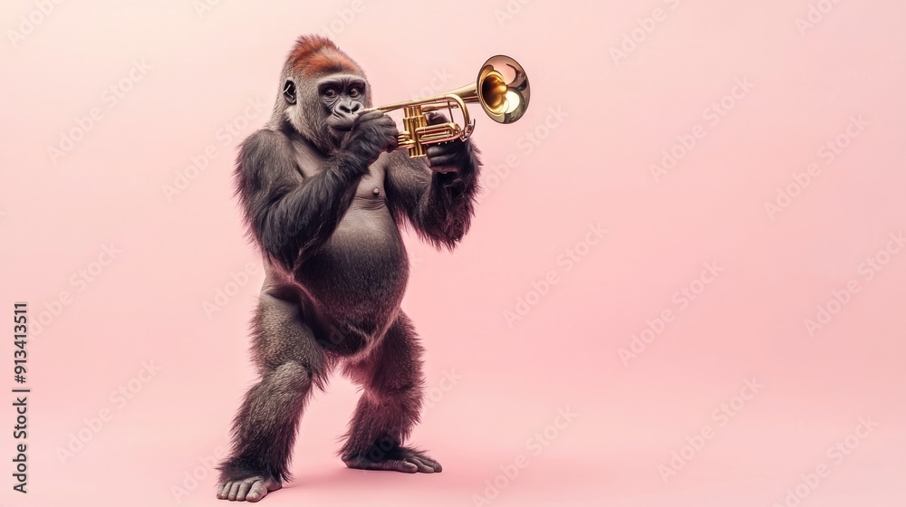 Cheerful Gorilla Playing Trumpet on Light Pink Background, Generative Ai Cheerful Gorilla Playing Trumpet on Light Pink Background, Generative Ai