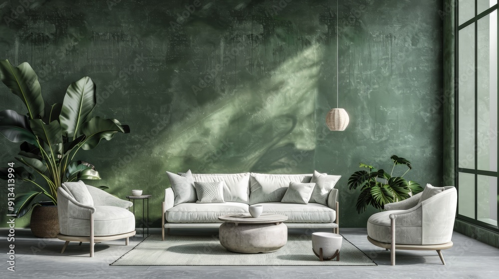 Stylish living room interior with green walls, concrete floor, comfortable sofa, (4)