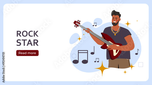 Rock star poster. Man with electric guitar performs on stage. Aggressive rock music. Guitar player at rehearsal. Star and celebrity. Landing webpage design. Flat vector illustration