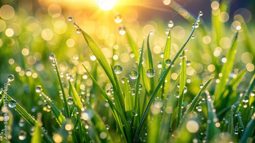 Fototapeta premium Close up of lush green grass with dew drops glistening in the morning sunlight, dew, grass, close-up, nature, green, freshness