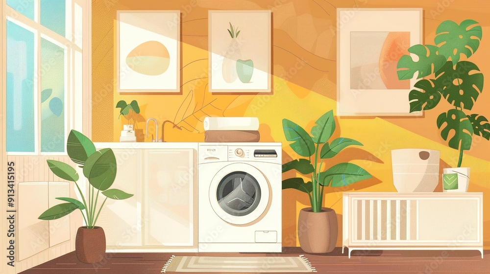 Laundry Room Interior with White Washer and Plants Laundry Room Interior with White Washer and Plants