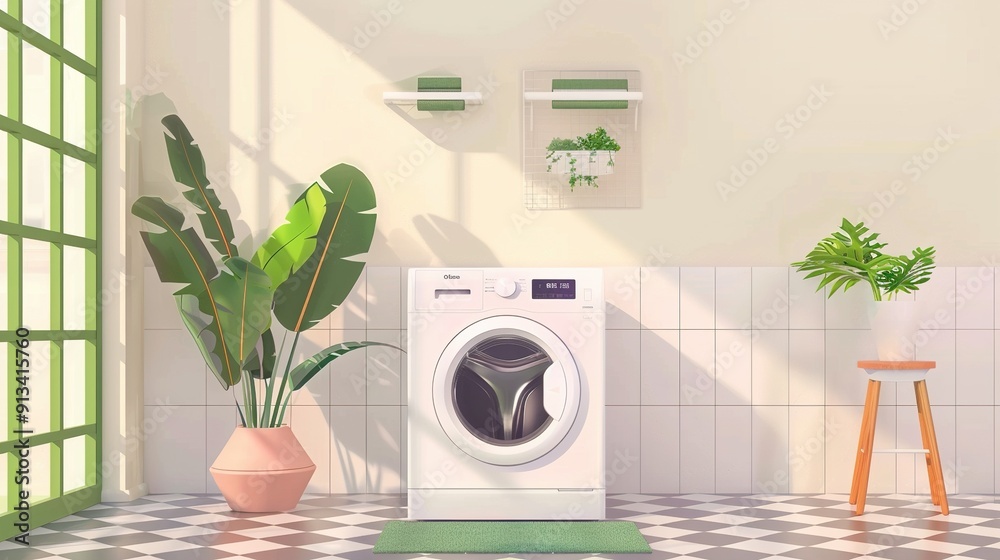 Modern Laundry Room with White Washing Machine and Green Plants Modern Laundry Room with White Washing Machine and Green Plants