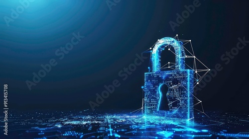 A digital rendering of a padlock made from glowing lines of code and data. The padlock is floating above a futuristic, digital city, symbolizing cybersecurity. photo