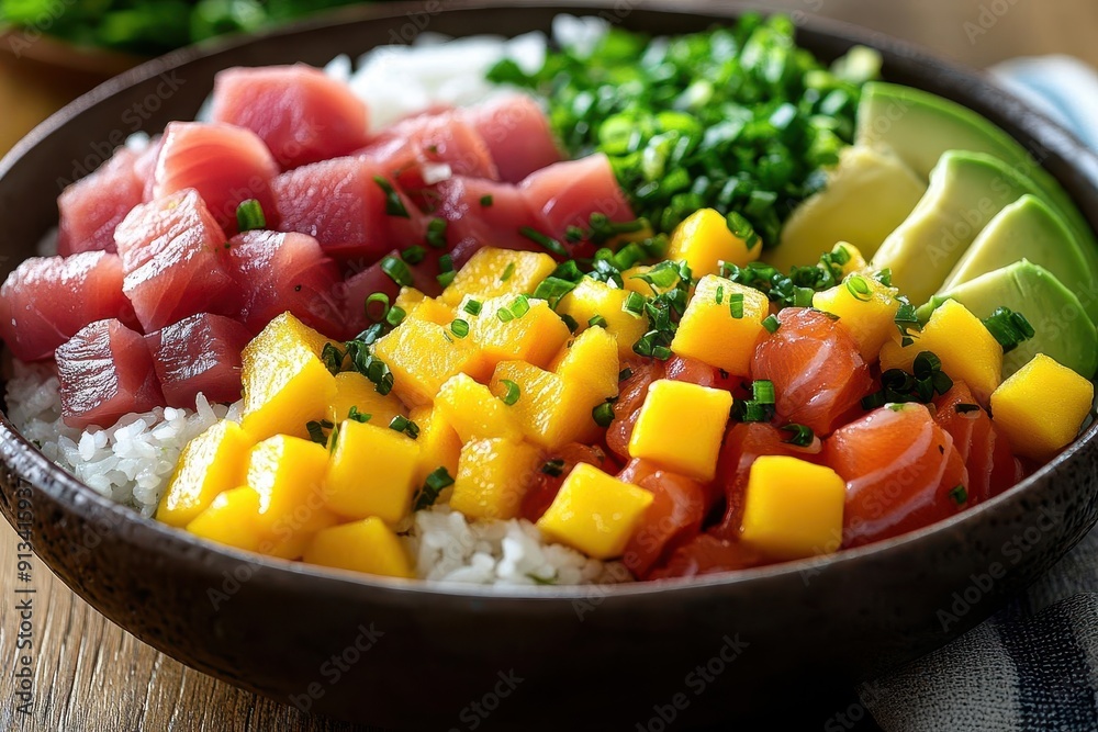 artfully arranged hawaiian poke bowl vibrant cubes of fresh tuna and salmon nestled among colorful vegetables mango and avocado on a bed of rice artfully arranged hawaiian poke bowl vibrant cubes of fresh tuna and salmon nestled among colorful vegetables mango and avocado on a bed of rice