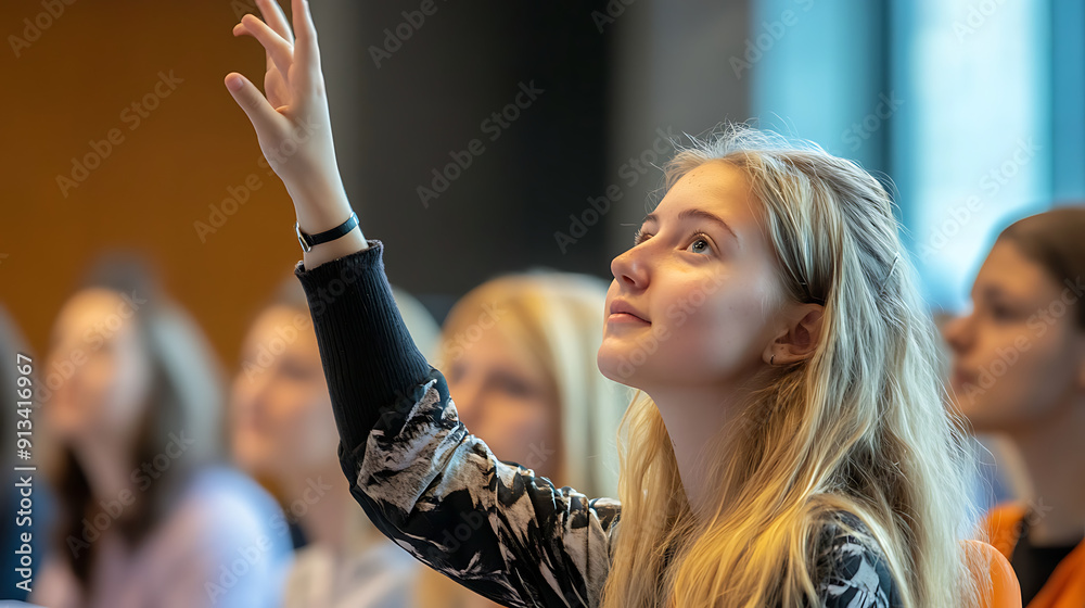 Fototapeta premium A student raising their hand to ask a question during a seminar, capturing active participation and curiosity in learning 