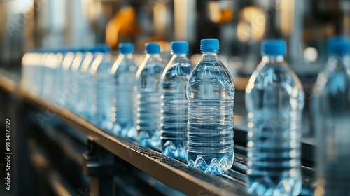 The hightechnology drinking water manufacturing process involves empty drinking water bottles on a conveyor belt for the filling process photo