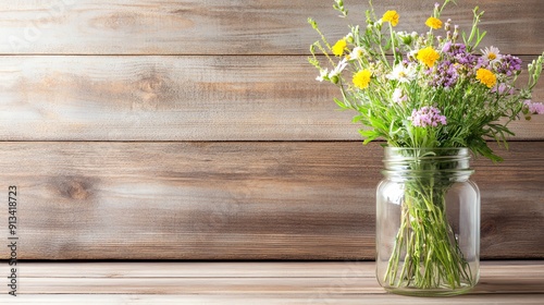 A beautiful bouquet of wildflowers in a glass jar, set against a rustic wooden background, perfect for home decor and nature themes. photo