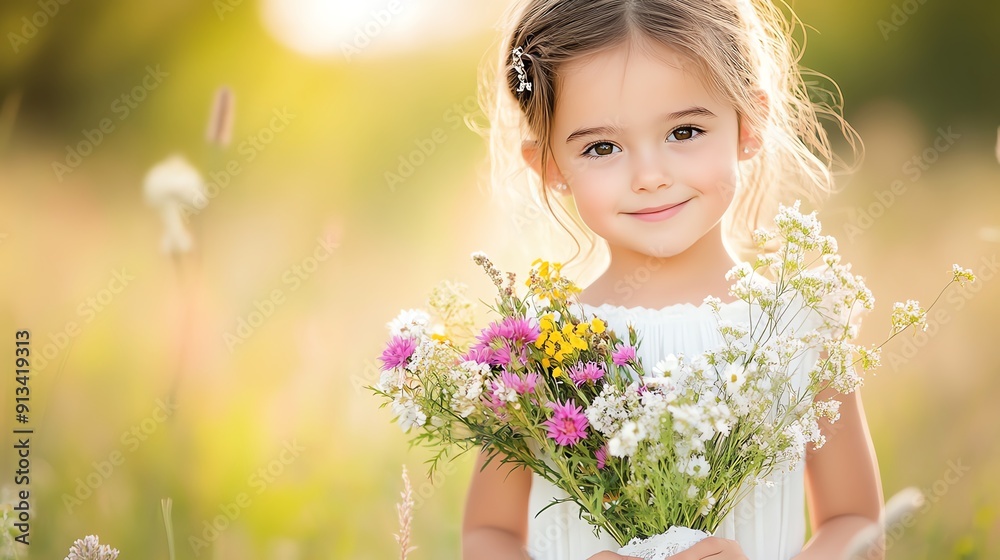 A charming girl holding a bouquet of wildflowers in a sunlit field, radiating joy and innocence amid blooming nature. A charming girl holding a bouquet of wildflowers in a sunlit field, radiating joy and innocence amid blooming nature.