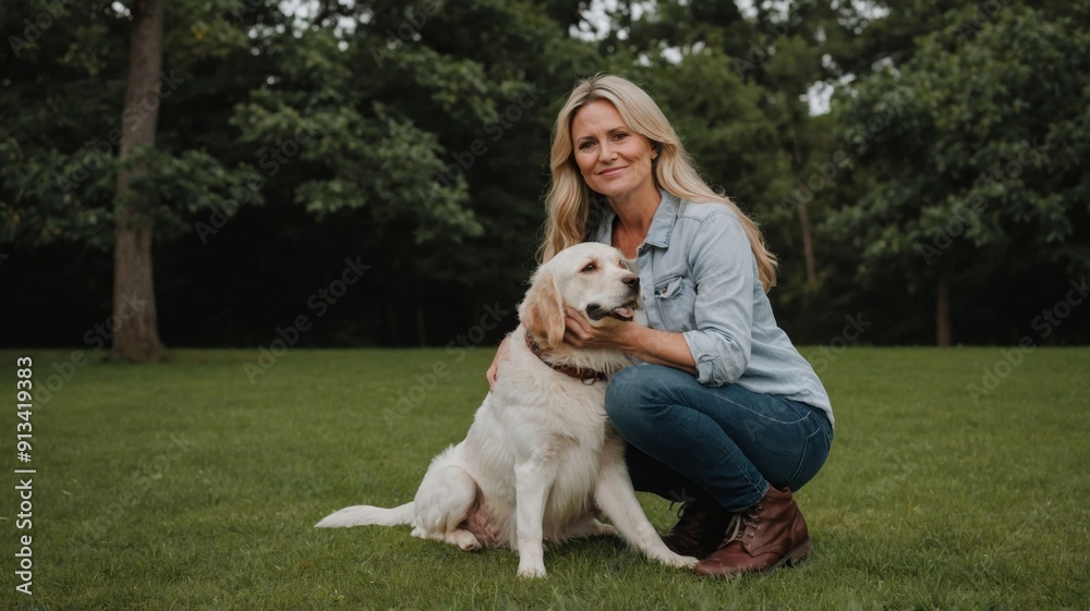 Mother and daughter with dog outside