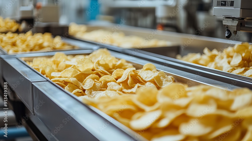 The potato chips production line at a food plant includes filling machines for snacks The potato chips production line at a food plant includes filling machines for snacks