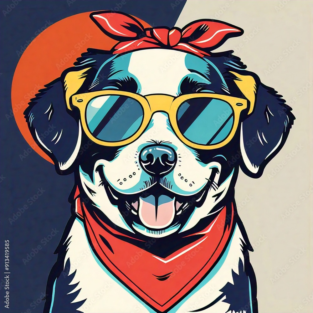 A vector illustration of a dog in a retro-inspired design, featuring bold lines, vintage colors, and playful elements like sunglasses or bandanas, for a trendy and nostalgic vibe A vector illustration of a dog in a retro-inspired design, featuring bold lines, vintage colors, and playful elements like sunglasses or bandanas, for a trendy and nostalgic vibe