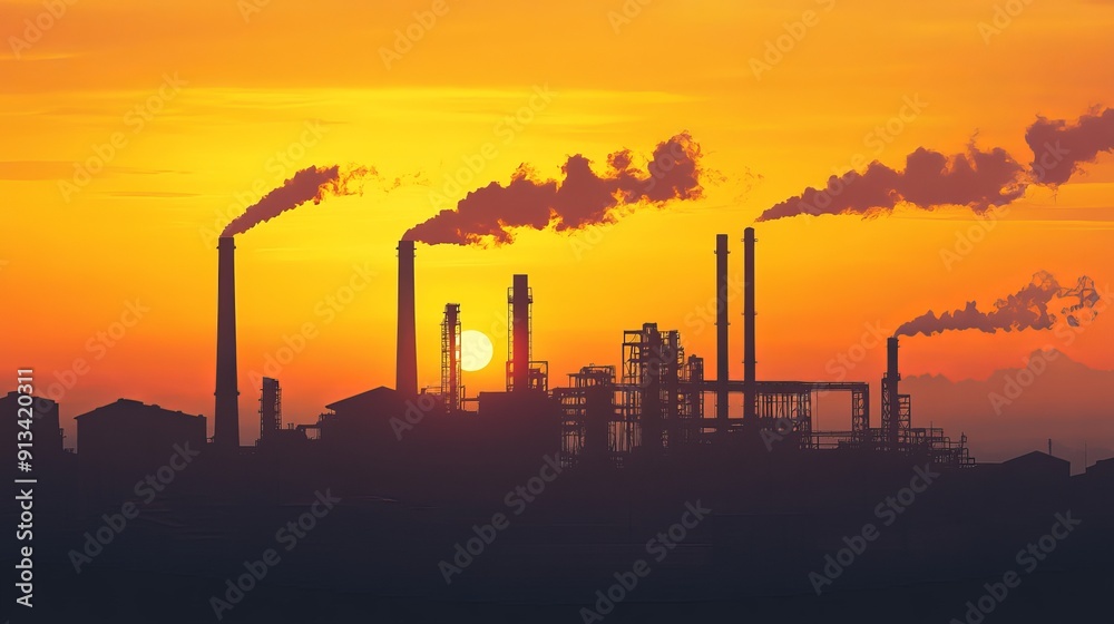 The silhouette of an industrial plant is depicted in a factory line manufacturing background The silhouette of an industrial plant is depicted in a factory line manufacturing background