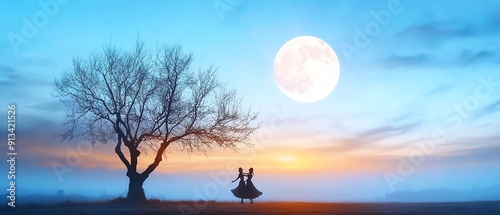 A serene landscape featuring a couple dancing under a bright moon and colorful sky, capturing a moment of romance and tranquility.