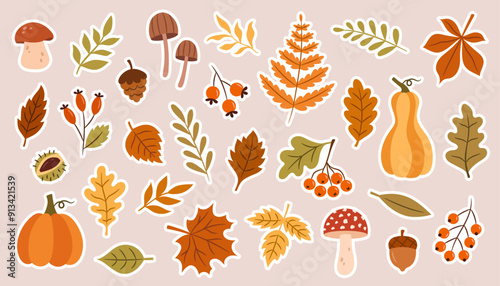 Vector Autumn Botanical Sticker Set for Scrapbooking, Design