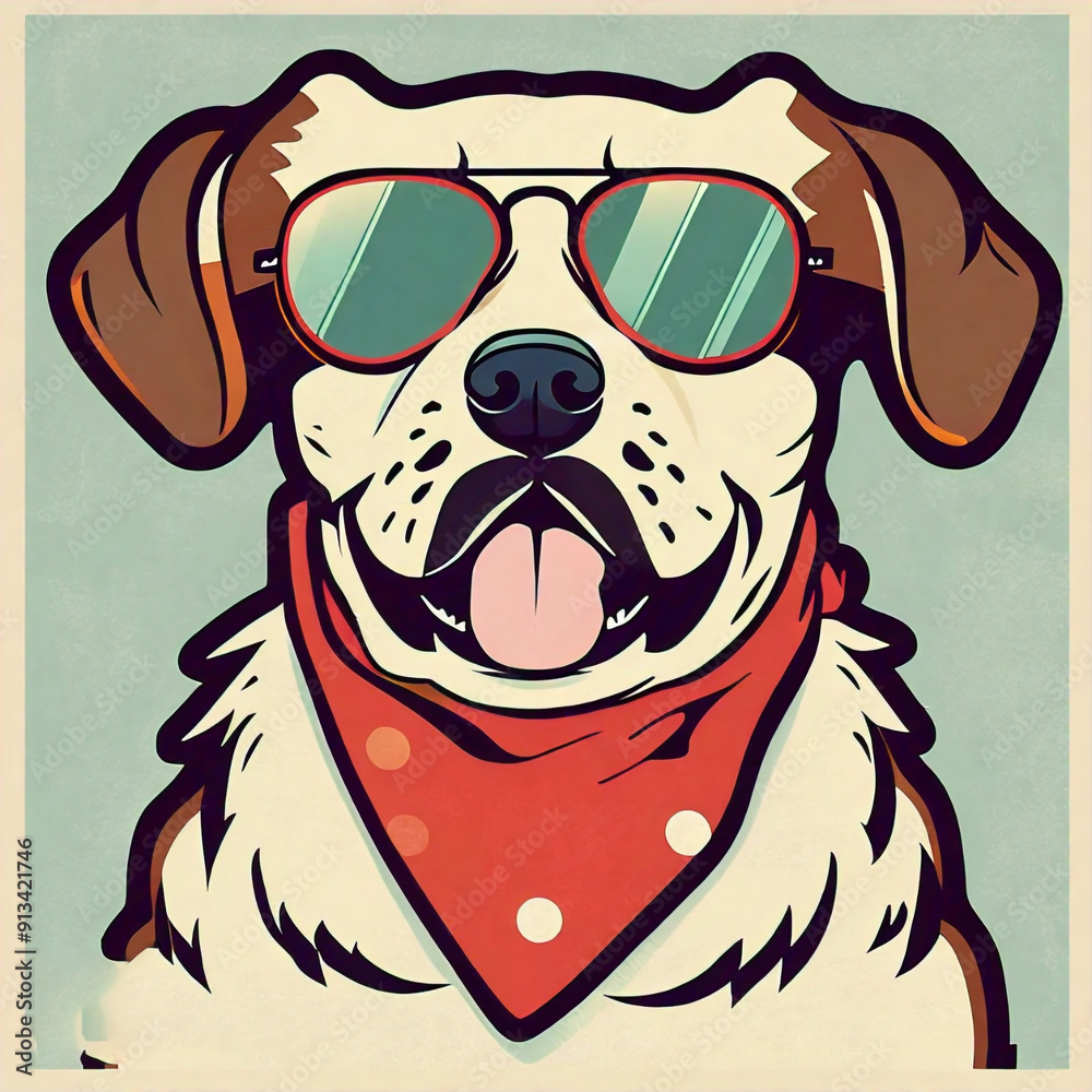 A vector illustration of a dog in a retro-inspired design, featuring bold lines, vintage colors, and playful elements like sunglasses or bandanas, for a trendy and nostalgic vibe A vector illustration of a dog in a retro-inspired design, featuring bold lines, vintage colors, and playful elements like sunglasses or bandanas, for a trendy and nostalgic vibe