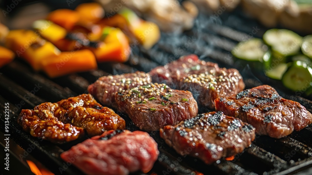 A close-up shot of a yakiniku grill showcasing an assortment of marinated meats and vegetables. The vibrant colors of the ingredients contrast with the dark, hot grill surface. Smoke rises gently, A close-up shot of a yakiniku grill showcasing an assortment of marinated meats and vegetables. The vibrant colors of the ingredients contrast with the dark, hot grill surface. Smoke rises gently,