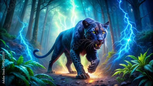 Vivid of a ferocious panther with electric energy in mystical forest , panther, ferocious, electric energy, vibrant,dark
