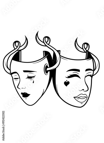 Smile Now Cry Later | Crying Mask | Masquerade | Theater Mask | Mask | Laugh Now Cry Later | Clown Mask | Happy & Sad Mask | Original Illustration | Vector and Clipart | Cutfile and Stencil